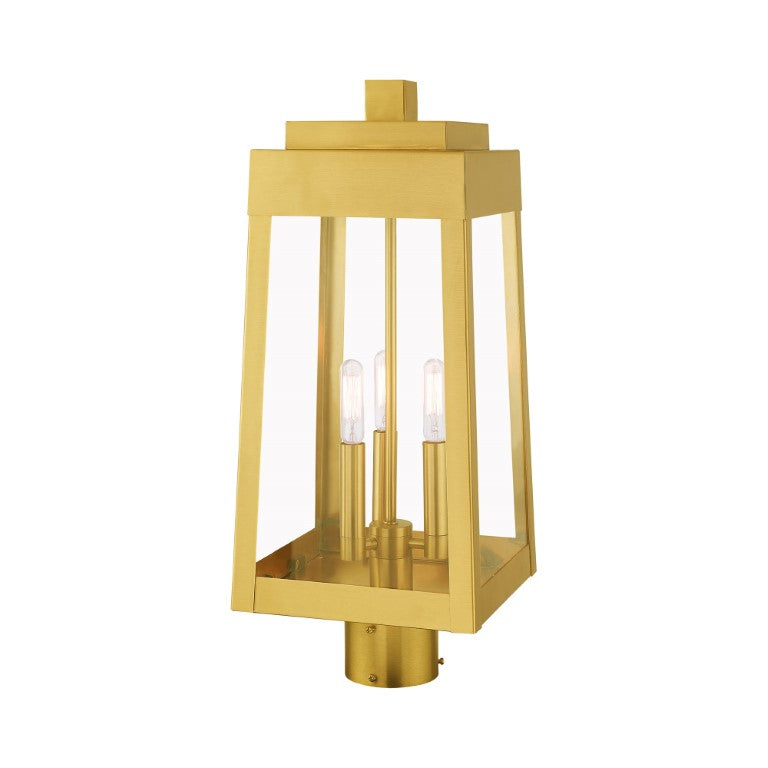 Outdoor Landscape Lighting LED 12V Low Voltage Oslo Candelabra Base Light Bulb Socket Medium Outdoor Post Top Lantern 8.25" x 8.25" x 20.375" Solid Brass and Clear Glass, Satin Brass Finish 120V for Garden, Exterior Post - 20856-12