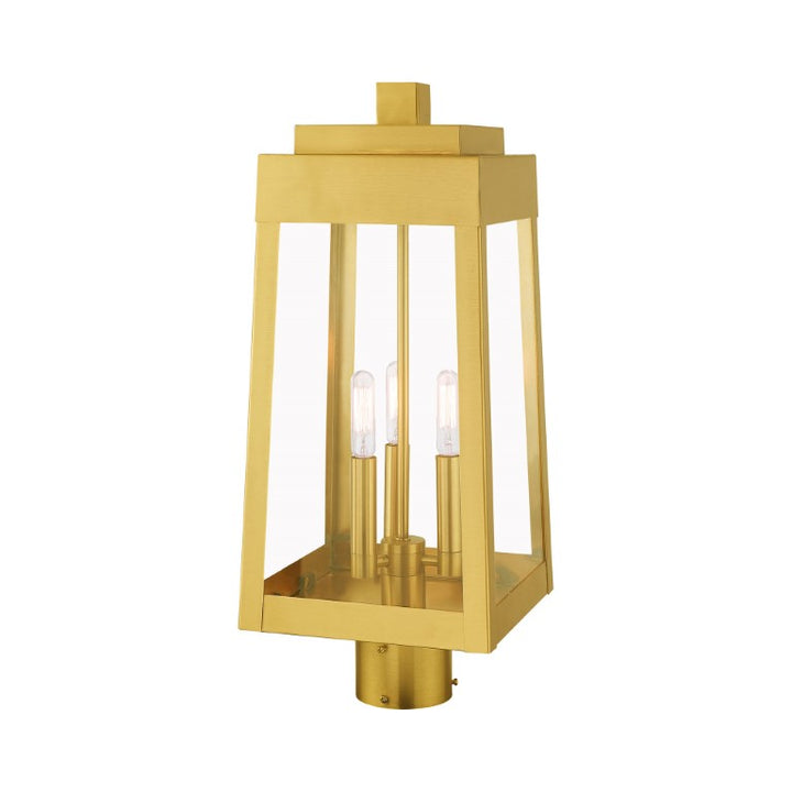 Outdoor Landscape Lighting LED 12V Low Voltage Oslo Candelabra Base Light Bulb Socket Medium Outdoor Post Top Lantern 8.25" x 8.25" x 20.375" Solid Brass and Clear Glass, Satin Brass Finish 120V for Garden, Exterior Post - 20856-12