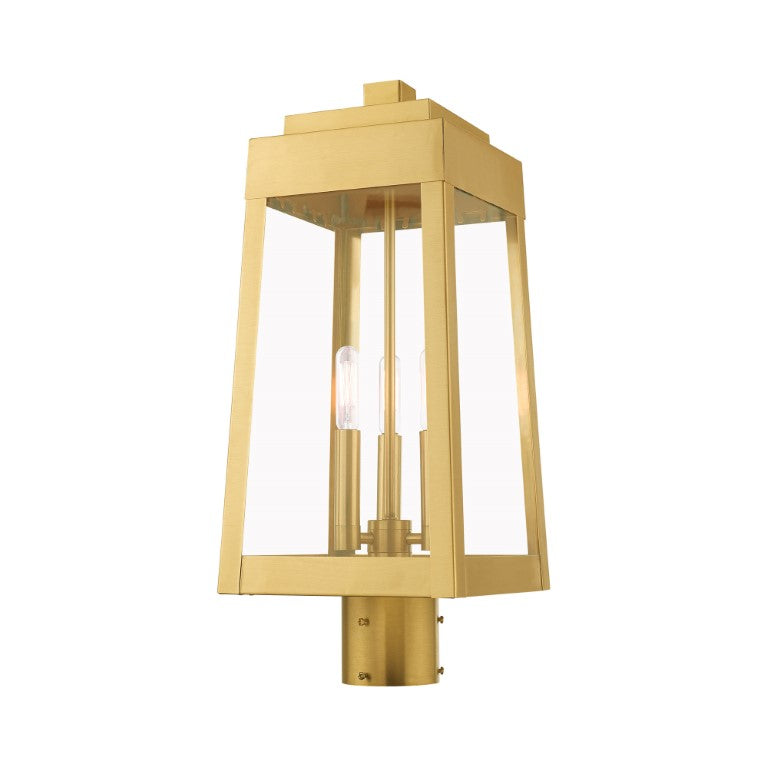 Outdoor Landscape Lighting LED 12V Low Voltage Oslo Candelabra Base Light Bulb Socket Medium Outdoor Post Top Lantern 8.25" x 8.25" x 20.375" Solid Brass and Clear Glass, Satin Brass Finish 120V for Garden, Exterior Post - 20856-12