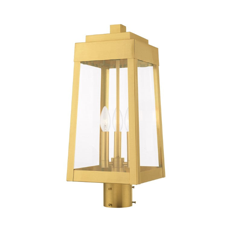 Outdoor Landscape Lighting LED 12V Low Voltage Oslo Candelabra Base Light Bulb Socket Medium Outdoor Post Top Lantern 8.25" x 8.25" x 20.375" Solid Brass and Clear Glass, Satin Brass Finish 120V for Garden, Exterior Post - 20856-12