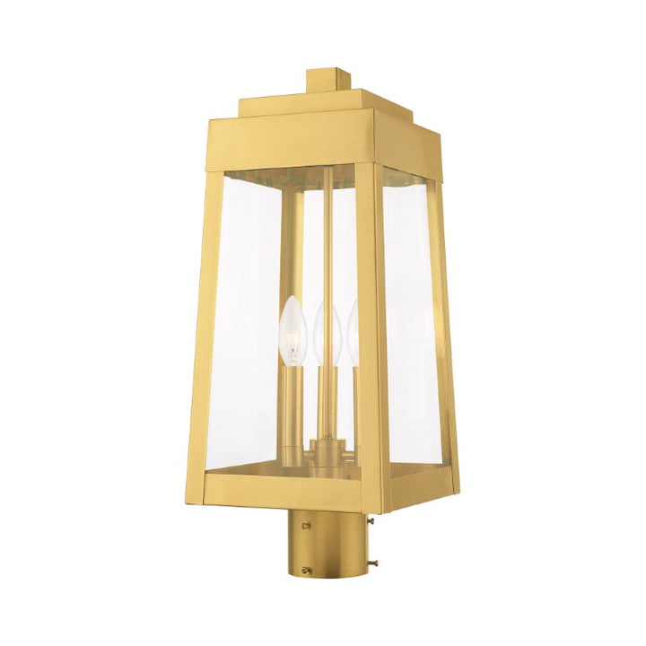 Outdoor Landscape Lighting LED 12V Low Voltage Oslo Candelabra Base Light Bulb Socket Medium Outdoor Post Top Lantern 8.25" x 8.25" x 20.375" Solid Brass and Clear Glass, Satin Brass Finish 120V for Garden, Exterior Post - 20856-12
