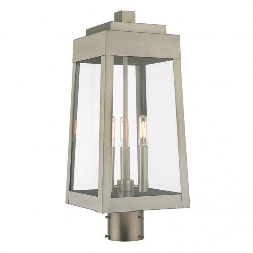Outdoor Landscape Lighting LED 12V Low Voltage Oslo Candelabra Base Light Bulb Socket Medium Outdoor Post Top Lantern 8.25" x 8.25" x 20.375" Solid Brass and Clear Glass, Brushed Nickel Finish 120V for Garden, Exterior Post - 20856-91