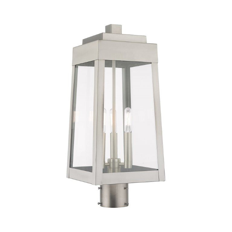 Outdoor Landscape Lighting LED 12V Low Voltage Oslo Candelabra Base Light Bulb Socket Medium Outdoor Post Top Lantern 8.25" x 8.25" x 20.375" Solid Brass and Clear Glass, Brushed Nickel Finish 120V for Garden, Exterior Post - 20856-91