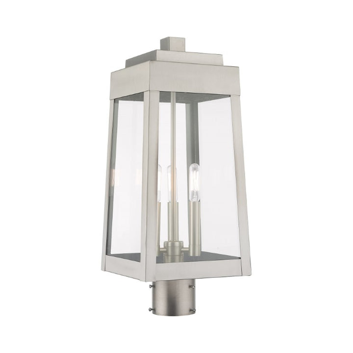 Outdoor Landscape Lighting LED 12V Low Voltage Oslo Candelabra Base Light Bulb Socket Medium Outdoor Post Top Lantern 8.25" x 8.25" x 20.375" Solid Brass and Clear Glass, Brushed Nickel Finish 120V for Garden, Exterior Post - 20856-91