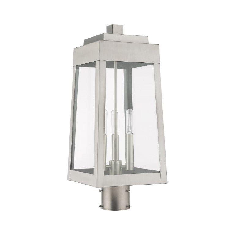 Outdoor Landscape Lighting LED 12V Low Voltage Oslo Candelabra Base Light Bulb Socket Medium Outdoor Post Top Lantern 8.25" x 8.25" x 20.375" Solid Brass and Clear Glass, Brushed Nickel Finish 120V for Garden, Exterior Post - 20856-91
