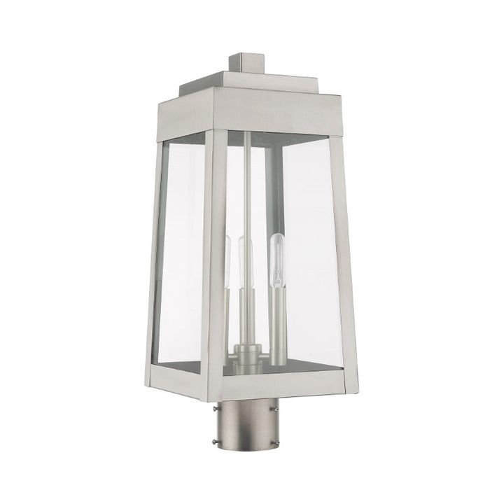 Outdoor Landscape Lighting LED 12V Low Voltage Oslo Candelabra Base Light Bulb Socket Medium Outdoor Post Top Lantern 8.25" x 8.25" x 20.375" Solid Brass and Clear Glass, Brushed Nickel Finish 120V for Garden, Exterior Post - 20856-91
