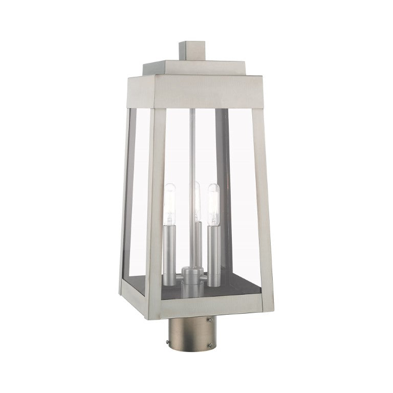 Outdoor Landscape Lighting LED 12V Low Voltage Oslo Candelabra Base Light Bulb Socket Medium Outdoor Post Top Lantern 8.25" x 8.25" x 20.375" Solid Brass and Clear Glass, Brushed Nickel Finish 120V for Garden, Exterior Post - 20856-91