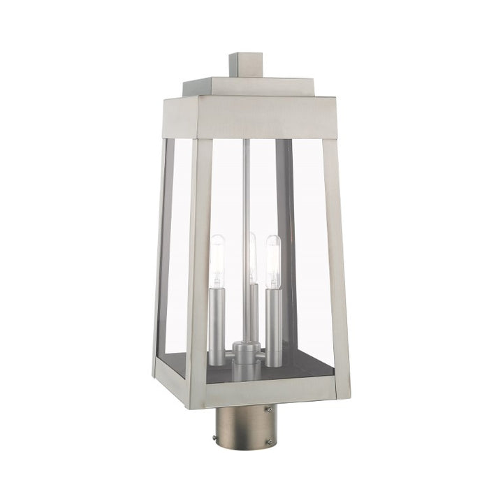 Outdoor Landscape Lighting LED 12V Low Voltage Oslo Candelabra Base Light Bulb Socket Medium Outdoor Post Top Lantern 8.25" x 8.25" x 20.375" Solid Brass and Clear Glass, Brushed Nickel Finish 120V for Garden, Exterior Post - 20856-91