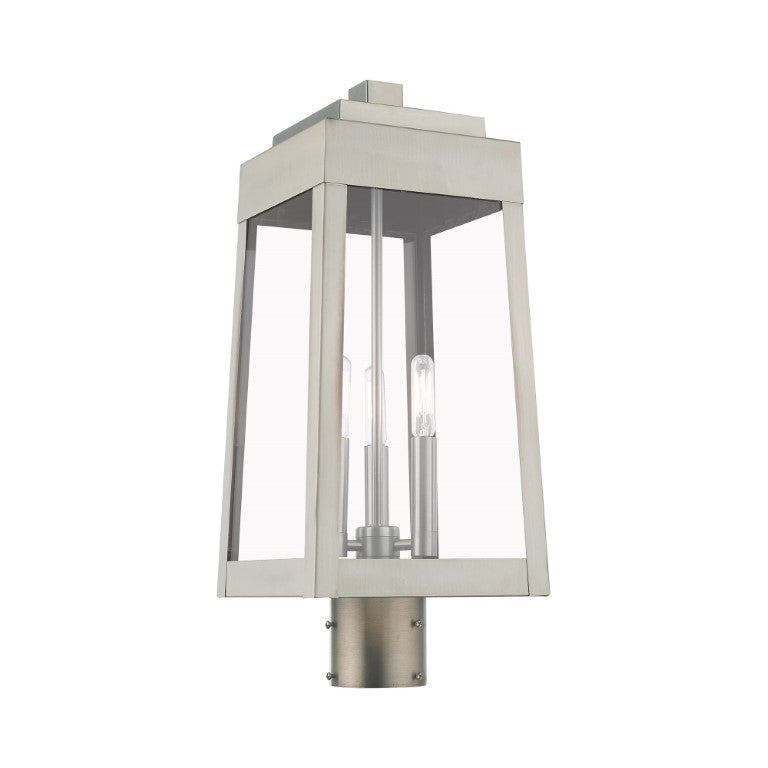 Outdoor Landscape Lighting LED 12V Low Voltage Oslo Candelabra Base Light Bulb Socket Medium Outdoor Post Top Lantern 8.25" x 8.25" x 20.375" Solid Brass and Clear Glass, Brushed Nickel Finish 120V for Garden, Exterior Post - 20856-91