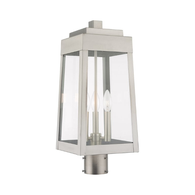Outdoor Landscape Lighting LED 12V Low Voltage Oslo Candelabra Base Light Bulb Socket Medium Outdoor Post Top Lantern 8.25" x 8.25" x 20.375" Solid Brass and Clear Glass, Brushed Nickel Finish 120V for Garden, Exterior Post - 20856-91