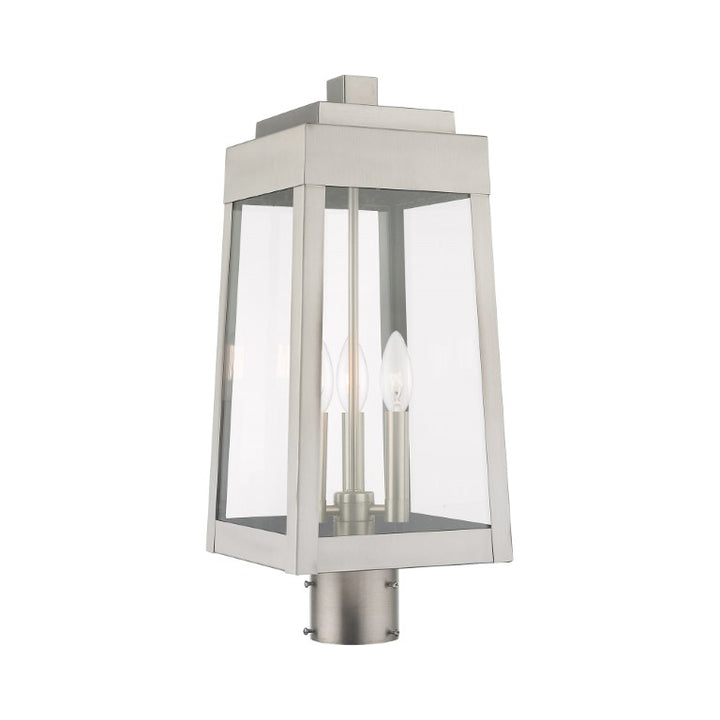 Outdoor Landscape Lighting LED 12V Low Voltage Oslo Candelabra Base Light Bulb Socket Medium Outdoor Post Top Lantern 8.25" x 8.25" x 20.375" Solid Brass and Clear Glass, Brushed Nickel Finish 120V for Garden, Exterior Post - 20856-91