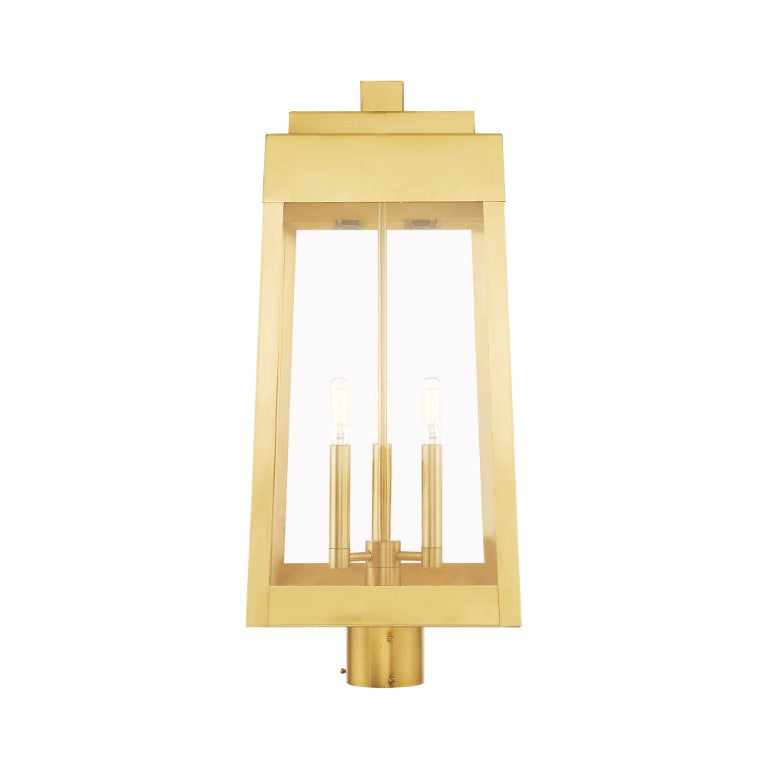 Outdoor Landscape Lighting LED 12V Low Voltage Oslo Candelabra Base Light Bulb Socket Large Outdoor Post Top Lantern 10.5" x 10.5" x 24.75" Solid Brass and Clear Glass, Satin Brass Finish 120V for Garden, Exterior Post - 20859-12