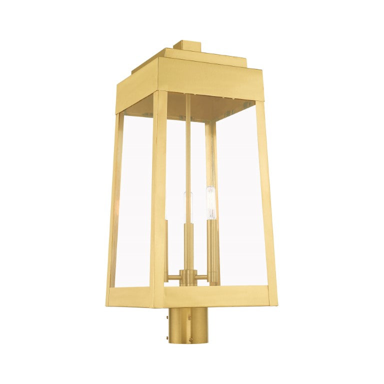Outdoor Landscape Lighting LED 12V Low Voltage Oslo Candelabra Base Light Bulb Socket Large Outdoor Post Top Lantern 10.5" x 10.5" x 24.75" Solid Brass and Clear Glass, Satin Brass Finish 120V for Garden, Exterior Post - 20859-12
