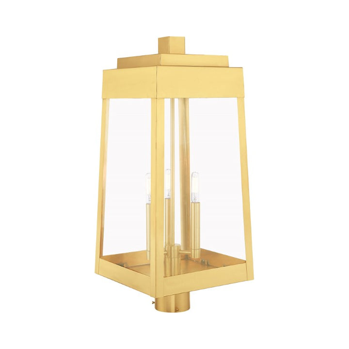 Outdoor Landscape Lighting LED 12V Low Voltage Oslo Candelabra Base Light Bulb Socket Large Outdoor Post Top Lantern 10.5" x 10.5" x 24.75" Solid Brass and Clear Glass, Satin Brass Finish 120V for Garden, Exterior Post - 20859-12