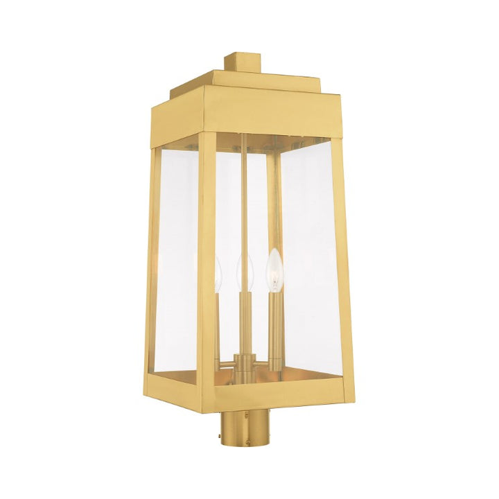 Outdoor Landscape Lighting LED 12V Low Voltage Oslo Candelabra Base Light Bulb Socket Large Outdoor Post Top Lantern 10.5" x 10.5" x 24.75" Solid Brass and Clear Glass, Satin Brass Finish 120V for Garden, Exterior Post - 20859-12
