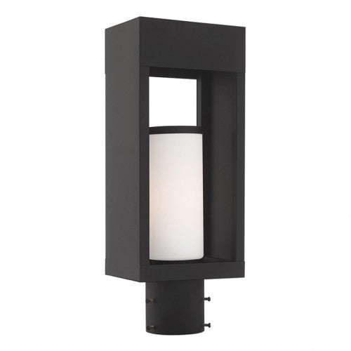 Outdoor Landscape Lighting LED 12V Low Voltage Bleecker Medium Base Light Bulb Socket Outdoor Medium Post Top Lantern 6.25" x 4.625" x 16.5" Solid Brass and Hand Blown Satin Opal White Cylinder Glass, Black Finish 120V for Garden, Exterior Post - 20984-04