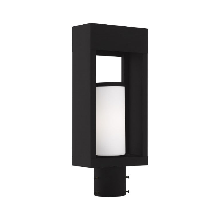 Outdoor Landscape Lighting LED 12V Low Voltage Bleecker Medium Base Light Bulb Socket Outdoor Medium Post Top Lantern 6.25" x 4.625" x 16.5" Solid Brass and Hand Blown Satin Opal White Cylinder Glass, Black Finish 120V for Garden, Exterior Post - 20984-04