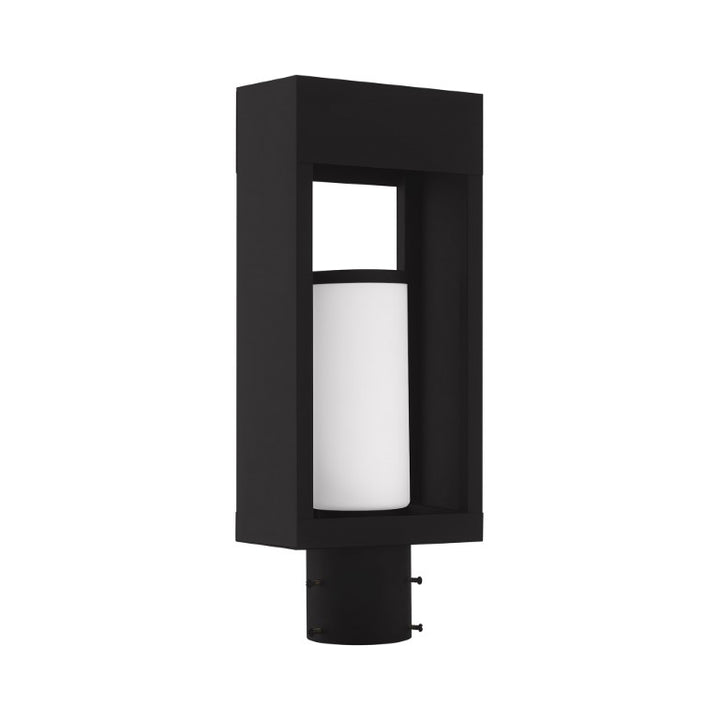 Outdoor Landscape Lighting LED 12V Low Voltage Bleecker Medium Base Light Bulb Socket Outdoor Medium Post Top Lantern 6.25" x 4.625" x 16.5" Solid Brass and Hand Blown Satin Opal White Cylinder Glass, Black Finish 120V for Garden, Exterior Post - 20984-04