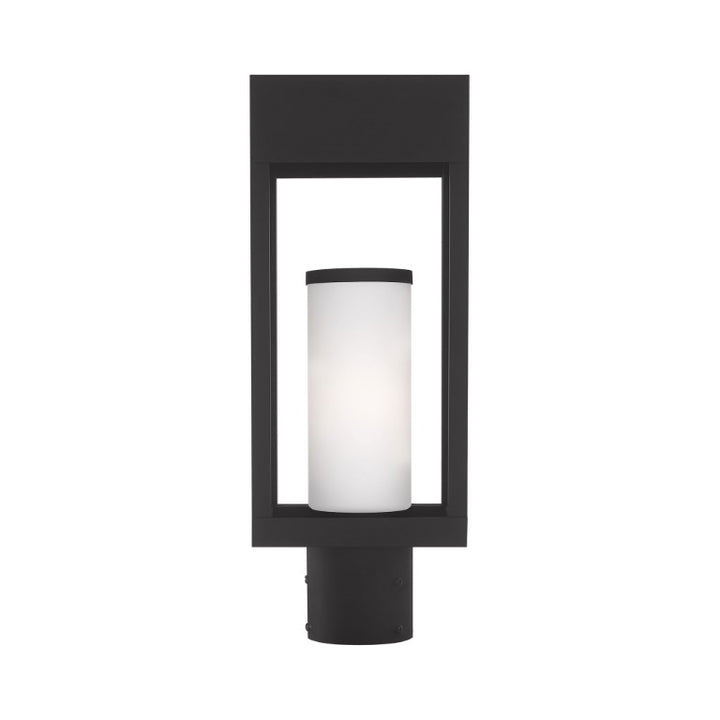 Outdoor Landscape Lighting LED 12V Low Voltage Bleecker Medium Base Light Bulb Socket Outdoor Medium Post Top Lantern 6.25" x 4.625" x 16.5" Solid Brass and Hand Blown Satin Opal White Cylinder Glass, Black Finish 120V for Garden, Exterior Post - 20984-04