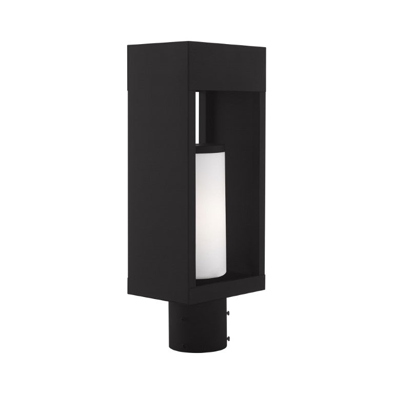 Outdoor Landscape Lighting LED 12V Low Voltage Bleecker Medium Base Light Bulb Socket Outdoor Medium Post Top Lantern 6.25" x 4.625" x 16.5" Solid Brass and Hand Blown Satin Opal White Cylinder Glass, Black Finish 120V for Garden, Exterior Post - 20984-04