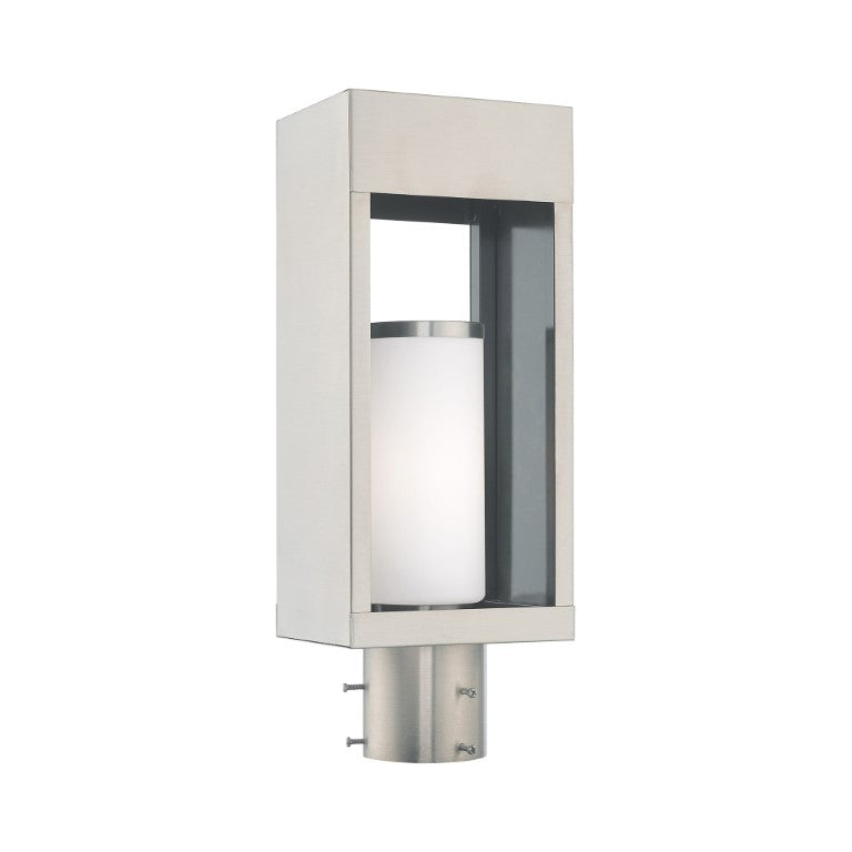 Outdoor Landscape Lighting LED 12V Low Voltage Bleecker Medium Base Light Bulb Socket Outdoor Large Post Top Lantern 6.25" x 4.625" x 16.5" Solid Brass and Hand Blown Satin Opal White Cylinder Glass, Brushed Nickel Finish 120V for Garden, Exterior Post - 20984-91