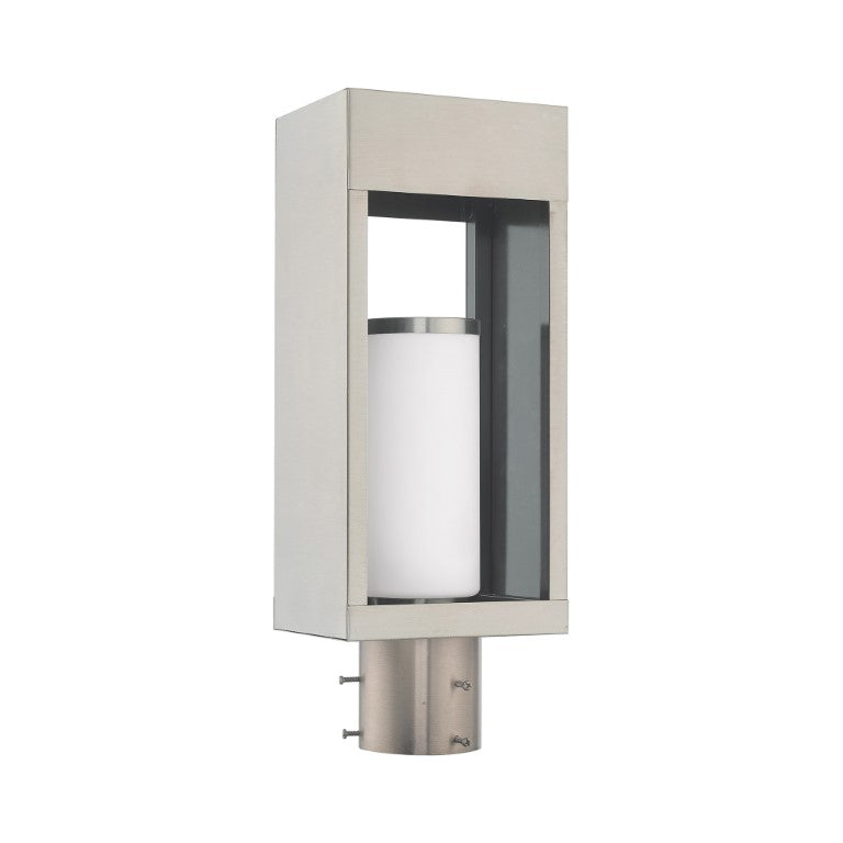 Outdoor Landscape Lighting LED 12V Low Voltage Bleecker Medium Base Light Bulb Socket Outdoor Large Post Top Lantern 6.25" x 4.625" x 16.5" Solid Brass and Hand Blown Satin Opal White Cylinder Glass, Brushed Nickel Finish 120V for Garden, Exterior Post - 20984-91