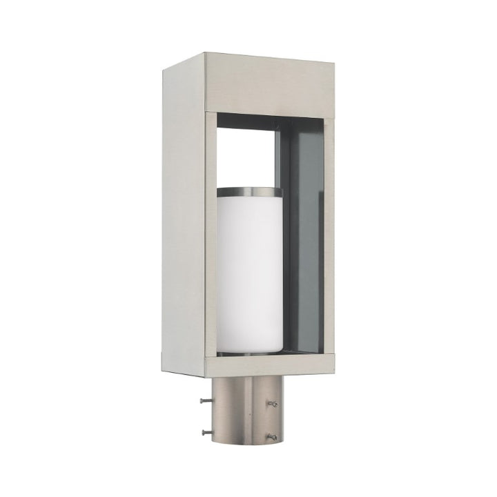 Outdoor Landscape Lighting LED 12V Low Voltage Bleecker Medium Base Light Bulb Socket Outdoor Large Post Top Lantern 6.25" x 4.625" x 16.5" Solid Brass and Hand Blown Satin Opal White Cylinder Glass, Brushed Nickel Finish 120V for Garden, Exterior Post - 20984-91
