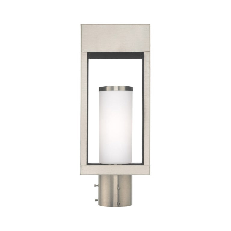 Outdoor Landscape Lighting LED 12V Low Voltage Bleecker Medium Base Light Bulb Socket Outdoor Large Post Top Lantern 6.25" x 4.625" x 16.5" Solid Brass and Hand Blown Satin Opal White Cylinder Glass, Brushed Nickel Finish 120V for Garden, Exterior Post - 20984-91