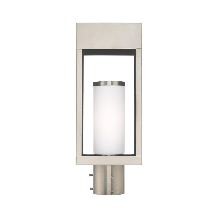 Outdoor Landscape Lighting LED 12V Low Voltage Bleecker Medium Base Light Bulb Socket Outdoor Large Post Top Lantern 6.25" x 4.625" x 16.5" Solid Brass and Hand Blown Satin Opal White Cylinder Glass, Brushed Nickel Finish 120V for Garden, Exterior Post - 20984-91