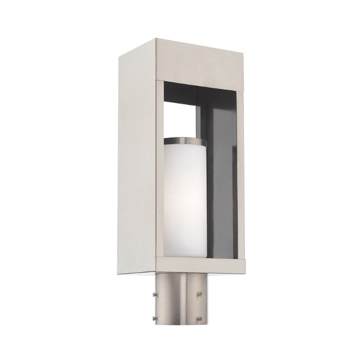 Outdoor Landscape Lighting LED 12V Low Voltage Bleecker Medium Base Light Bulb Socket Outdoor Large Post Top Lantern 6.25" x 4.625" x 16.5" Solid Brass and Hand Blown Satin Opal White Cylinder Glass, Brushed Nickel Finish 120V for Garden, Exterior Post - 20984-91