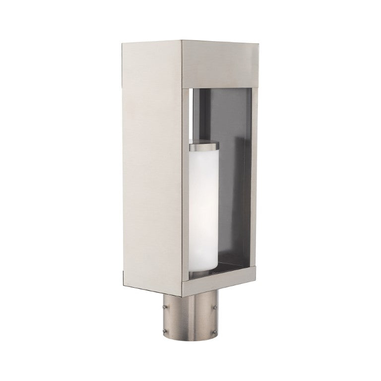 Outdoor Landscape Lighting LED 12V Low Voltage Bleecker Medium Base Light Bulb Socket Outdoor Large Post Top Lantern 6.25" x 4.625" x 16.5" Solid Brass and Hand Blown Satin Opal White Cylinder Glass, Brushed Nickel Finish 120V for Garden, Exterior Post - 20984-91