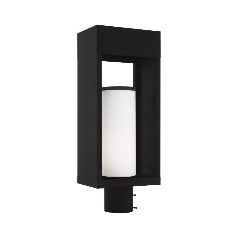 Outdoor Landscape Lighting LED 12V Low Voltage Bleecker Medium Base Light Bulb Socket Outdoor Medium Post Top Lantern 7.875" x 5.125" x 20" Solid Brass and Hand Blown Satin Opal White Cylinder Glass, Black Finish 120V for Garden, Exterior Post - 20985-04