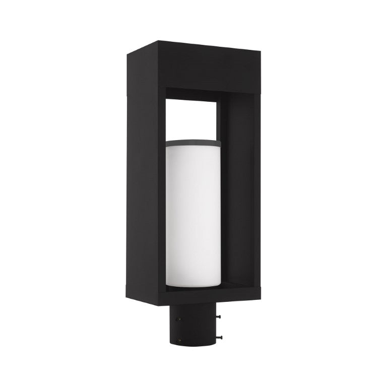 Outdoor Landscape Lighting LED 12V Low Voltage Bleecker Medium Base Light Bulb Socket Outdoor Medium Post Top Lantern 7.875" x 5.125" x 20" Solid Brass and Hand Blown Satin Opal White Cylinder Glass, Black Finish 120V for Garden, Exterior Post - 20985-04