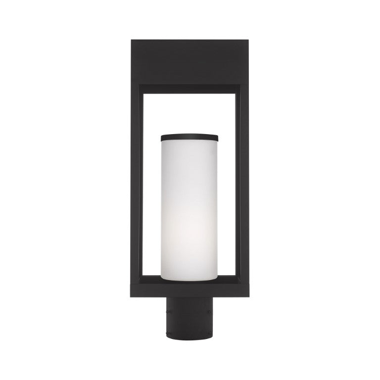 Outdoor Landscape Lighting LED 12V Low Voltage Bleecker Medium Base Light Bulb Socket Outdoor Medium Post Top Lantern 7.875" x 5.125" x 20" Solid Brass and Hand Blown Satin Opal White Cylinder Glass, Black Finish 120V for Garden, Exterior Post - 20985-04
