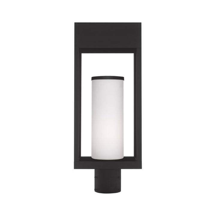 Outdoor Landscape Lighting LED 12V Low Voltage Bleecker Medium Base Light Bulb Socket Outdoor Medium Post Top Lantern 7.875" x 5.125" x 20" Solid Brass and Hand Blown Satin Opal White Cylinder Glass, Black Finish 120V for Garden, Exterior Post - 20985-04