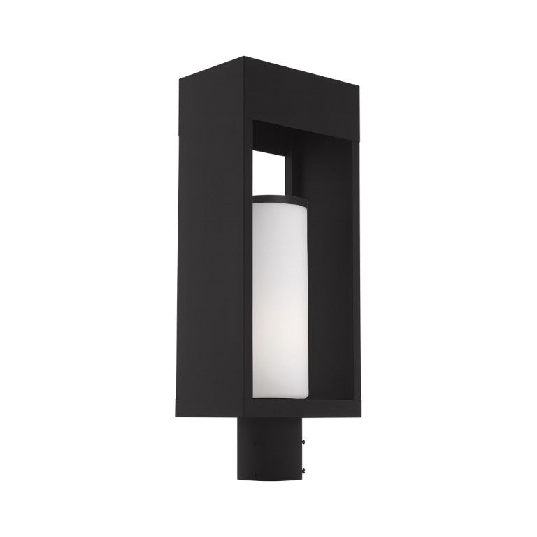 Outdoor Landscape Lighting LED 12V Low Voltage Bleecker Medium Base Light Bulb Socket Outdoor Medium Post Top Lantern 7.875" x 5.125" x 20" Solid Brass and Hand Blown Satin Opal White Cylinder Glass, Black Finish 120V for Garden, Exterior Post - 20985-04
