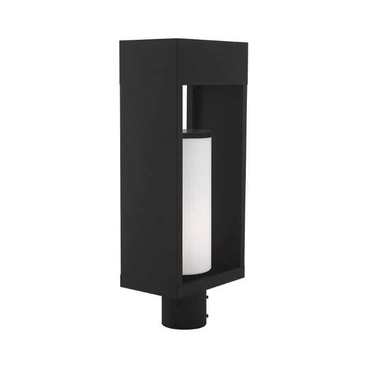 Outdoor Landscape Lighting LED 12V Low Voltage Bleecker Medium Base Light Bulb Socket Outdoor Medium Post Top Lantern 7.875" x 5.125" x 20" Solid Brass and Hand Blown Satin Opal White Cylinder Glass, Black Finish 120V for Garden, Exterior Post - 20985-04