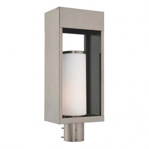 Outdoor Landscape Lighting LED 12V Low Voltage Bleecker Medium Base Light Bulb Socket Outdoor Large Post Top Lantern 7.875" x 5.125" x 20" Solid Brass and Hand Blown Satin Opal White Cylinder Glass, Brushed Nickel Finish 120V for Garden, Exterior Post - 20985-91