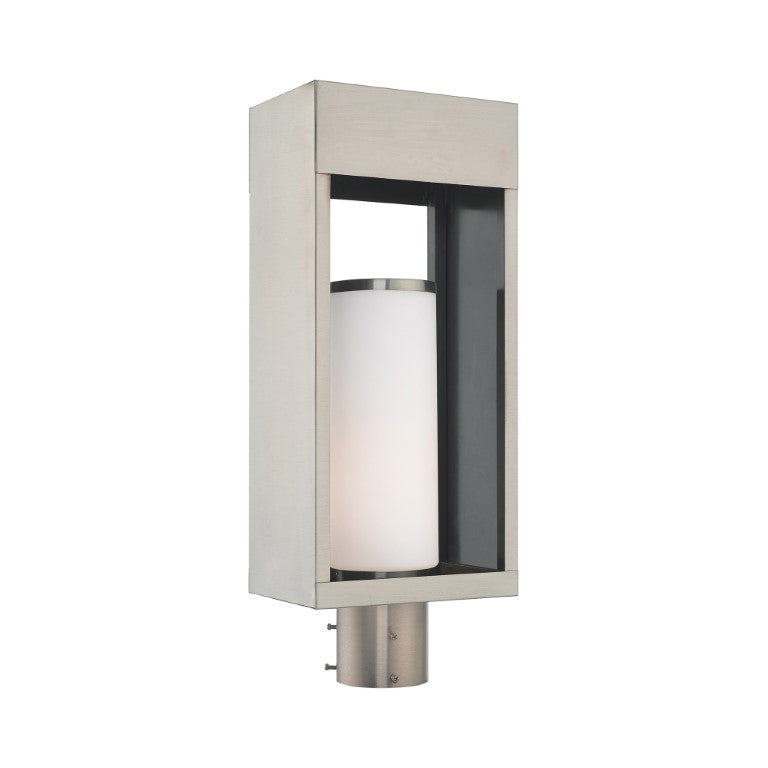 Outdoor Landscape Lighting LED 12V Low Voltage Bleecker Medium Base Light Bulb Socket Outdoor Large Post Top Lantern 7.875" x 5.125" x 20" Solid Brass and Hand Blown Satin Opal White Cylinder Glass, Brushed Nickel Finish 120V for Garden, Exterior Post - 20985-91