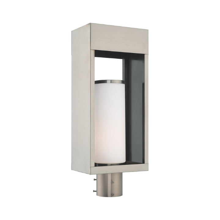 Outdoor Landscape Lighting LED 12V Low Voltage Bleecker Medium Base Light Bulb Socket Outdoor Large Post Top Lantern 7.875" x 5.125" x 20" Solid Brass and Hand Blown Satin Opal White Cylinder Glass, Brushed Nickel Finish 120V for Garden, Exterior Post - 20985-91