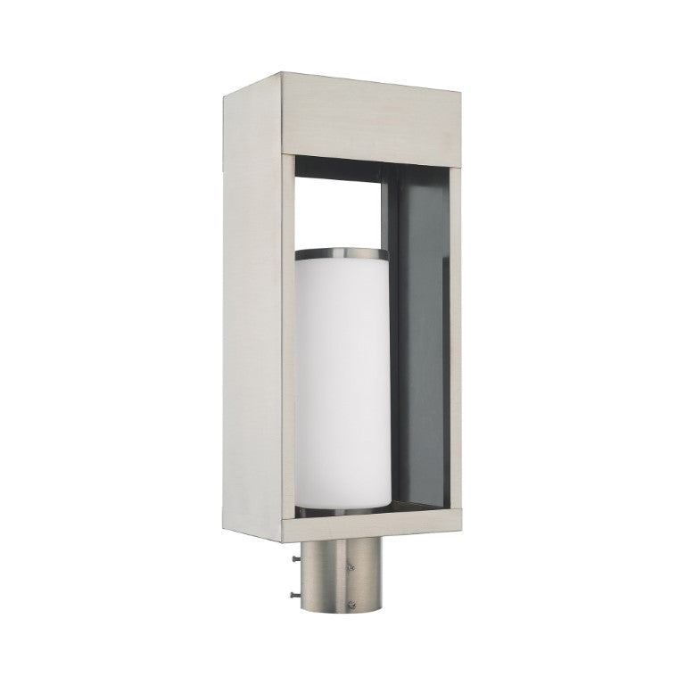 Outdoor Landscape Lighting LED 12V Low Voltage Bleecker Medium Base Light Bulb Socket Outdoor Large Post Top Lantern 7.875" x 5.125" x 20" Solid Brass and Hand Blown Satin Opal White Cylinder Glass, Brushed Nickel Finish 120V for Garden, Exterior Post - 20985-91