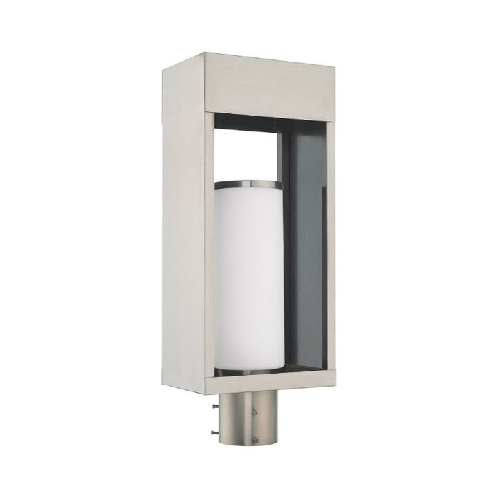 Outdoor Landscape Lighting LED 12V Low Voltage Bleecker Medium Base Light Bulb Socket Outdoor Large Post Top Lantern 7.875" x 5.125" x 20" Solid Brass and Hand Blown Satin Opal White Cylinder Glass, Brushed Nickel Finish 120V for Garden, Exterior Post - 20985-91