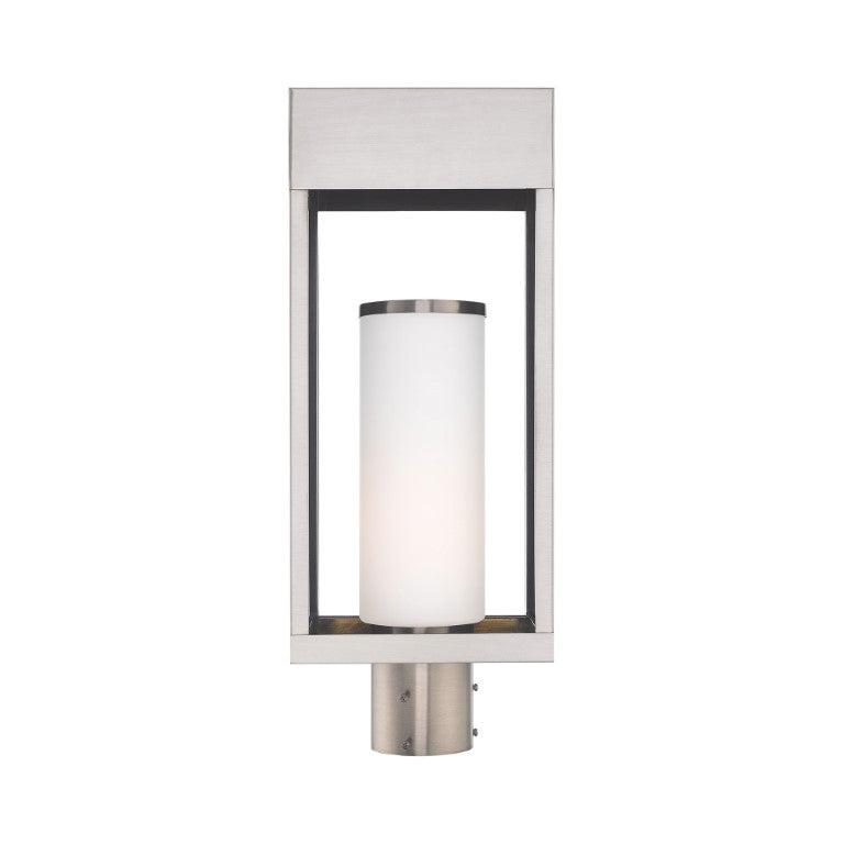 Outdoor Landscape Lighting LED 12V Low Voltage Bleecker Medium Base Light Bulb Socket Outdoor Large Post Top Lantern 7.875" x 5.125" x 20" Solid Brass and Hand Blown Satin Opal White Cylinder Glass, Brushed Nickel Finish 120V for Garden, Exterior Post - 20985-91