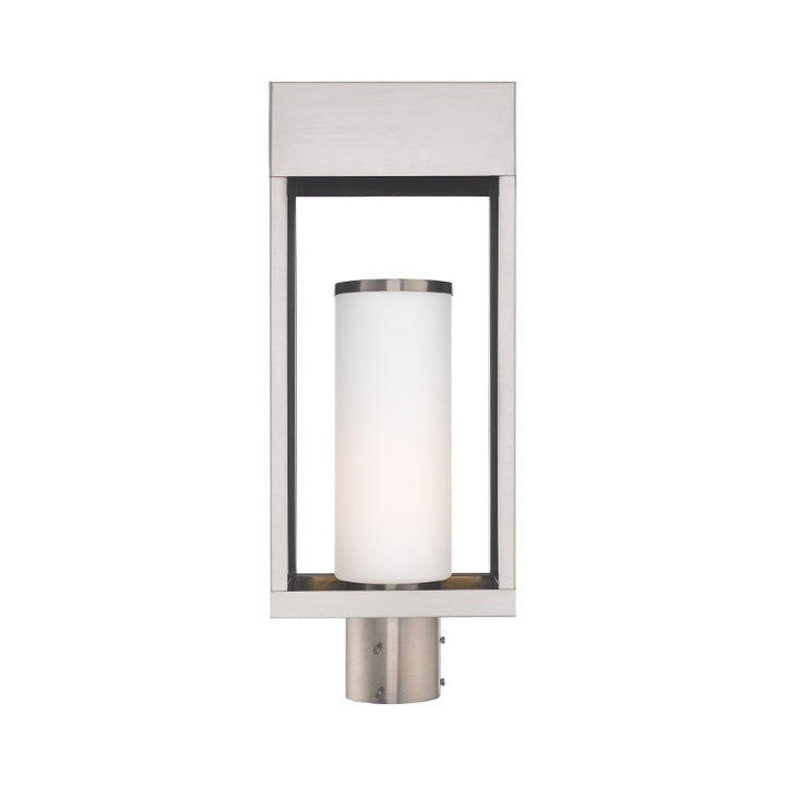 Outdoor Landscape Lighting LED 12V Low Voltage Bleecker Medium Base Light Bulb Socket Outdoor Large Post Top Lantern 7.875" x 5.125" x 20" Solid Brass and Hand Blown Satin Opal White Cylinder Glass, Brushed Nickel Finish 120V for Garden, Exterior Post - 20985-91