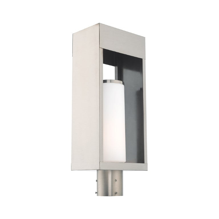 Outdoor Landscape Lighting LED 12V Low Voltage Bleecker Medium Base Light Bulb Socket Outdoor Large Post Top Lantern 7.875" x 5.125" x 20" Solid Brass and Hand Blown Satin Opal White Cylinder Glass, Brushed Nickel Finish 120V for Garden, Exterior Post - 20985-91
