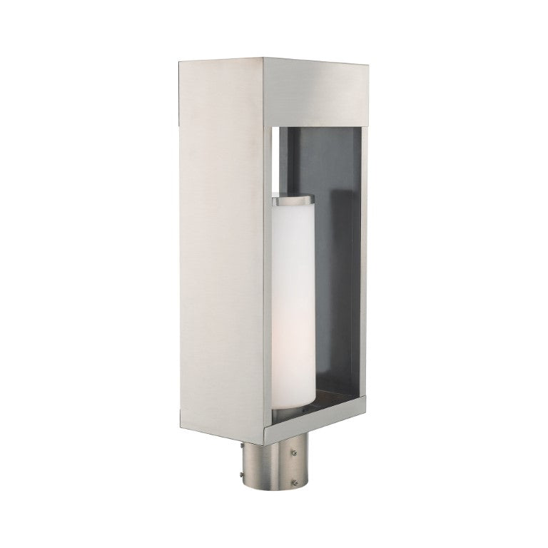 Outdoor Landscape Lighting LED 12V Low Voltage Bleecker Medium Base Light Bulb Socket Outdoor Large Post Top Lantern 7.875" x 5.125" x 20" Solid Brass and Hand Blown Satin Opal White Cylinder Glass, Brushed Nickel Finish 120V for Garden, Exterior Post - 20985-91