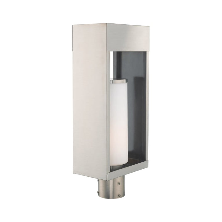 Outdoor Landscape Lighting LED 12V Low Voltage Bleecker Medium Base Light Bulb Socket Outdoor Large Post Top Lantern 7.875" x 5.125" x 20" Solid Brass and Hand Blown Satin Opal White Cylinder Glass, Brushed Nickel Finish 120V for Garden, Exterior Post - 20985-91