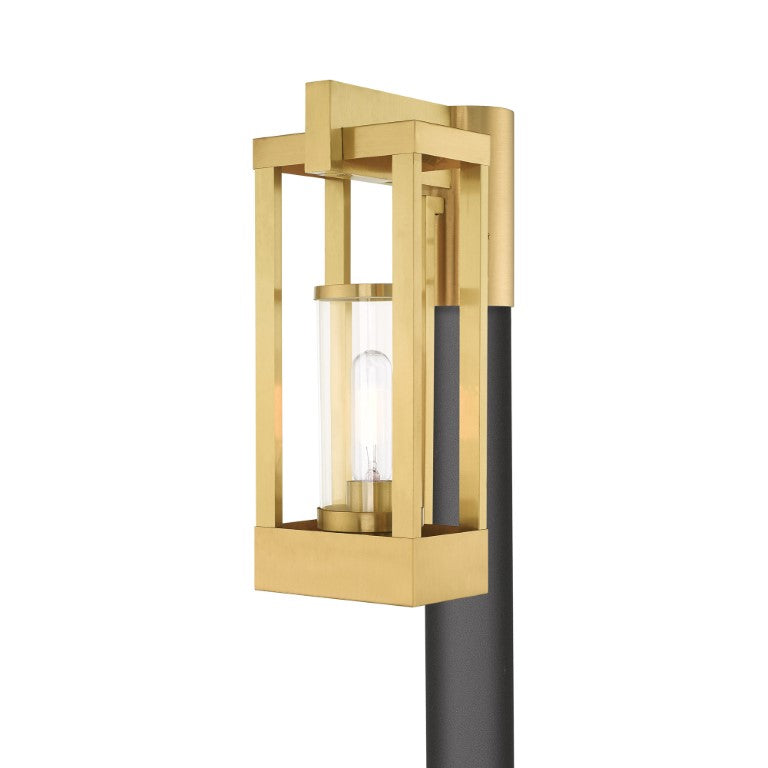 Outdoor Landscape Lighting LED 12V Low Voltage Delancey Medium Base Light Bulb Socket Medium Outdoor Post Top Lantern 9.125" x 6.25" x 15.125" Solid Brass and Cylinder Clear Glass, Satin Brass Finish 120V for Garden, Exterior Post - 20994-12