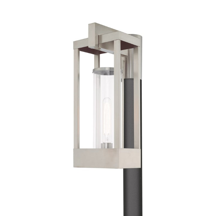Outdoor Landscape Lighting LED 12V Low Voltage Delancey Medium Base Light Bulb Socket Medium Outdoor Post Top Lantern 10.125" x 8" x 18.875" Solid Brass and Cylinder Clear Glass, Brushed Nickel Finish 120V for Garden, Exterior Post - 20996-91