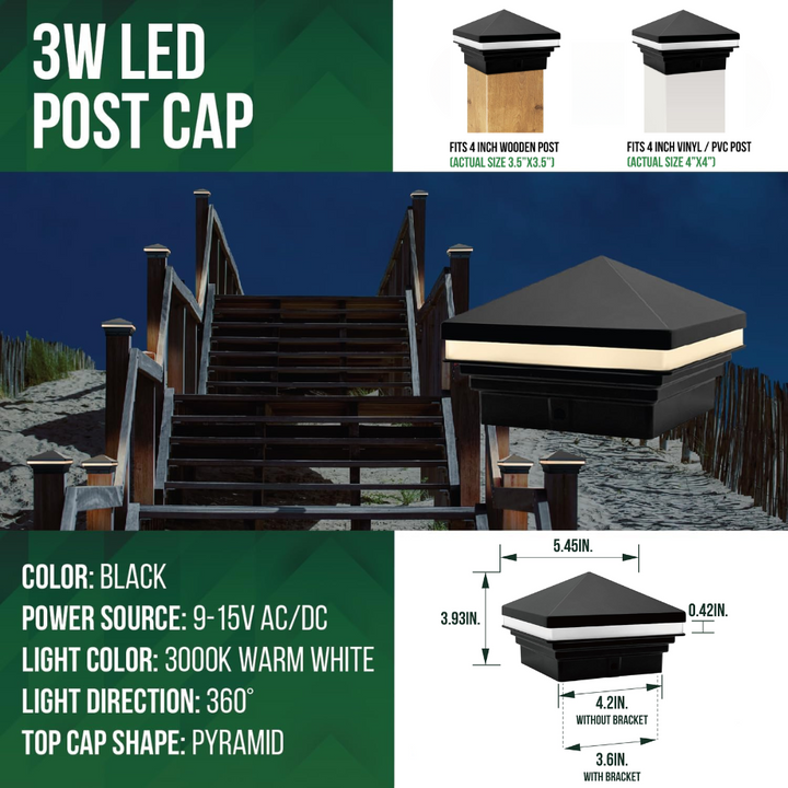 Outdoor Landscape Lighting LED 12V Low Voltage CPL04 Modern Pyramid-Top 12V AC/DC Low Voltage 3W 2700K/3000K 150 Lumens LED Post Cap Light for 3.5x3.5 or 4x4 Posts IP65 Waterproof 3000K Warm White Black